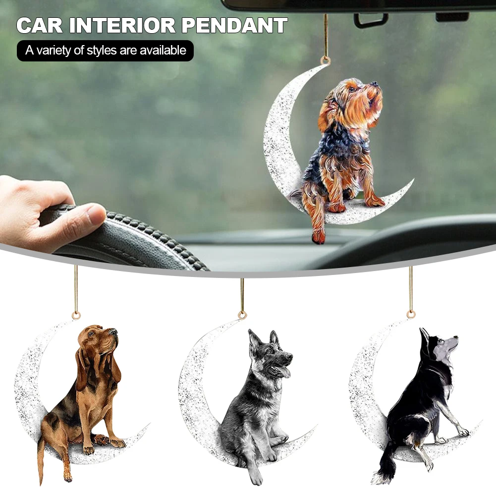 

Car Rearview Mirror Pendant Dog Pendant Sitting On The Moon Cute Teddy Puppy Hanging Ornament Keychain Pendant Car Decor
