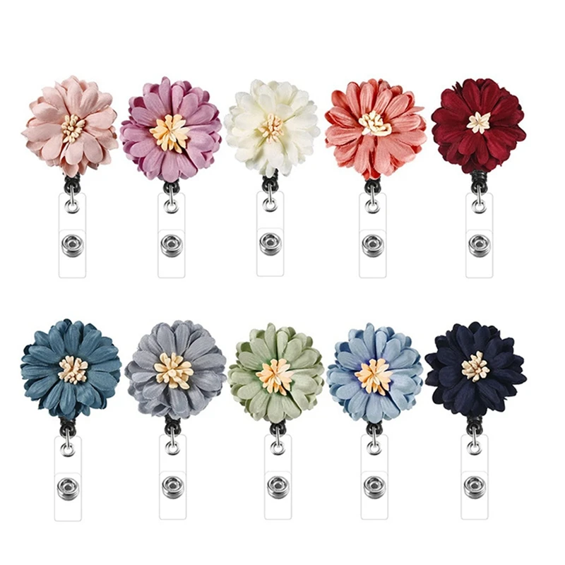

10 Pieces Retractable Flower Badge Holder Handmadefabriccolored Flowerseasy-To-Pull With Alligator Clip