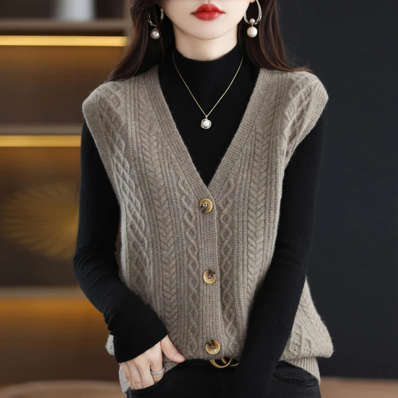 

ATTYYWS 100% pure wool vest V-neck loose ladies sleeveless cardigan knitted sweater 2022 new coat women's cashmere vest 4 colors
