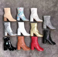 split toe genuine cow leather ankle boots women round chunky high heels short boots shoes ninja tabi boots