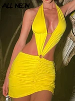 allneon sexy y2k clubwear backless deep v yellow cut out dresses 90s fashion rave ruched bandage halter mini dress party outfits
