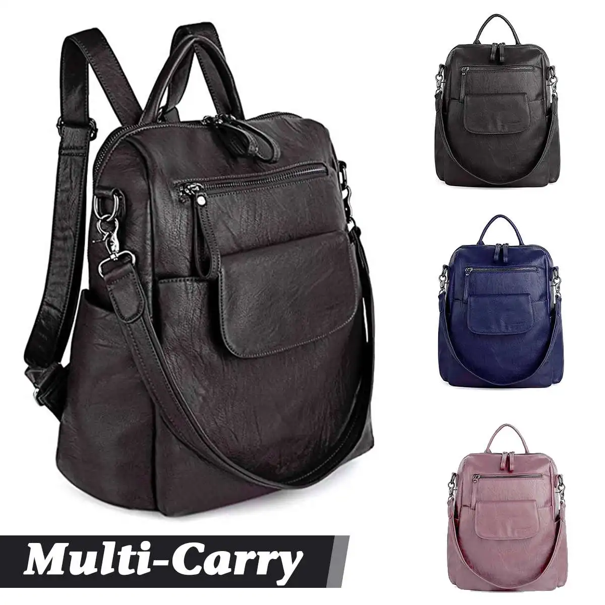 

3 in 1 Women Solid PU Leather Backpack Waterproof Vintage Multi-Carry Anti Theft Backpack Tote Bag Fashion Backpack Bag Sale