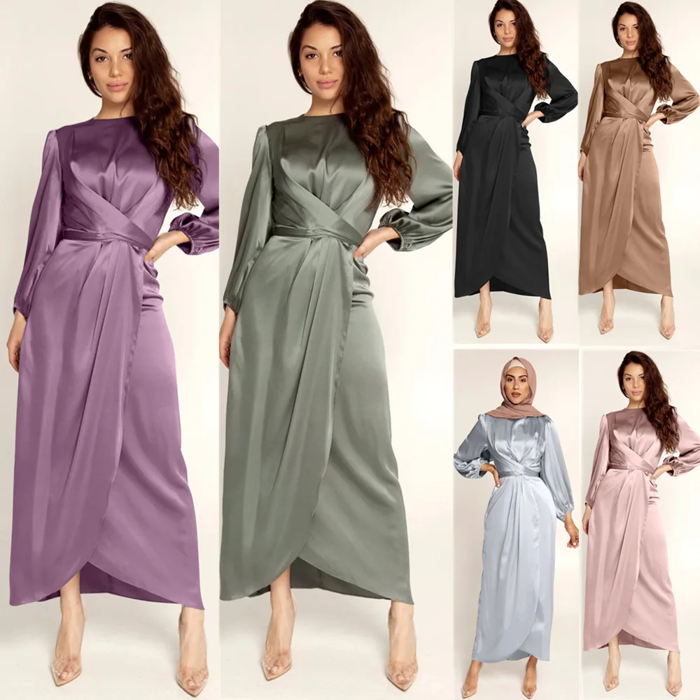 2022 Soft waist dress Dubai Satin Dress evening muslim women turkish wrap sets evening belt luxury abayas saudi arabian kaftan