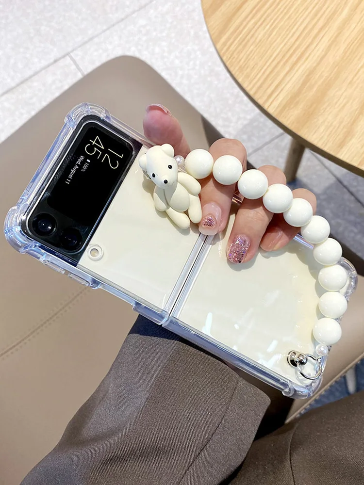 

Korean Cute Cartoon Bear Bead Bracelet Soft Case For Samsung Galaxy Z Flip Clear Shockproof For Galaxy Z Flip 3 Protective Cover