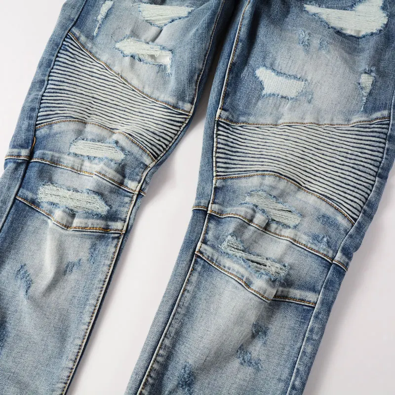 High Street Fashion Men Jeans Retro Light Blue Stretch Skinny Ripped Jeans Men Spliced Designer Hip Hop Brand Biker Pants Hombre