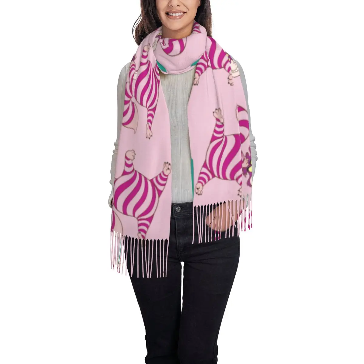 Изготовленный на заказ шарф с изображением Чеширского кота для женщин длинная