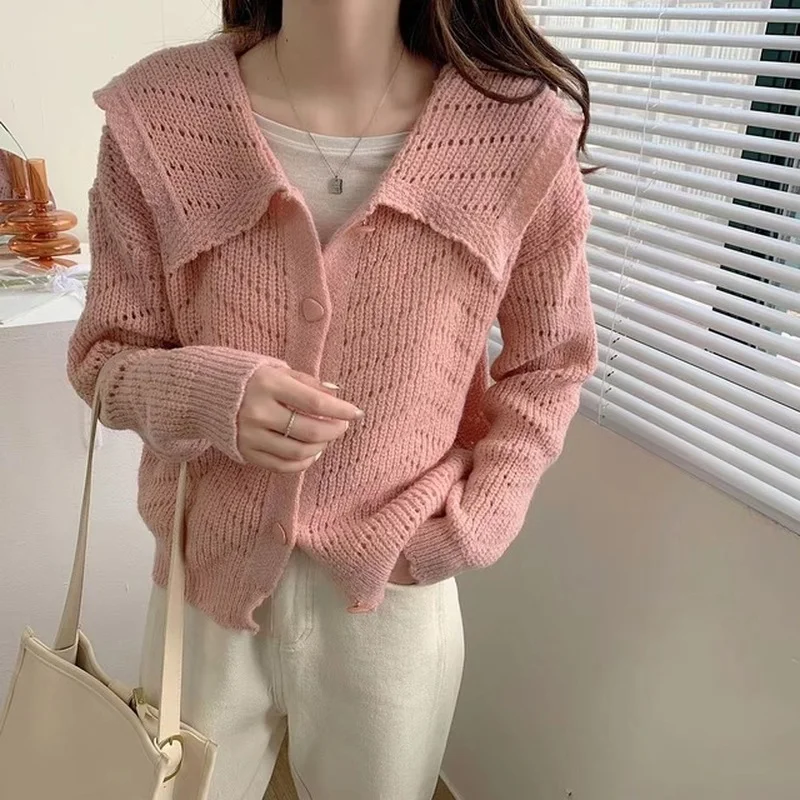 

2022 Women Vintage Yellow Cardigan Knitted Sweater Pink Fashion Sweet Girl Button Lapel Collar Long Sleeve Casual Knitwear Tops