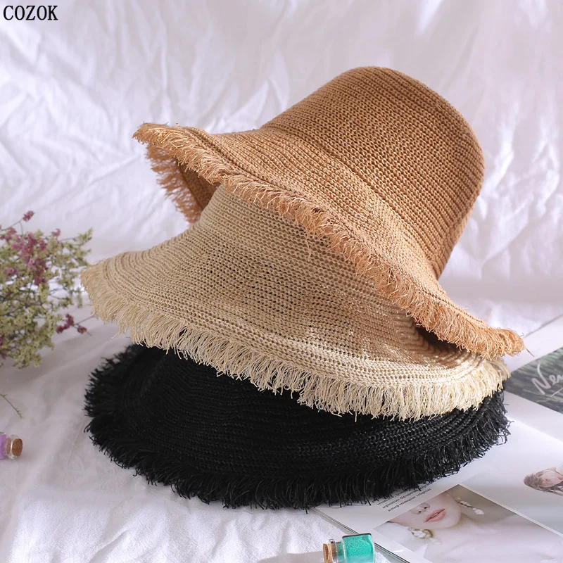 New Women Large Eaves Raw Edge Breathable Straw Hat Summer Sun Protection Bucket Hat Outdoor Travel Fashion Trend Wild Beach Cap
