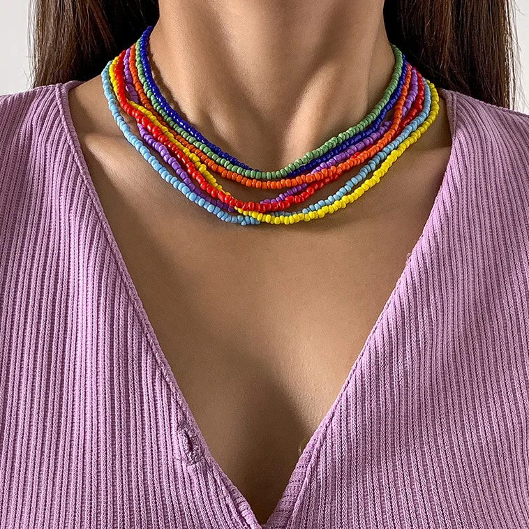

Pastoral color hand-woven rice beads overlapping necklace personalized contrast round beads chain necklace