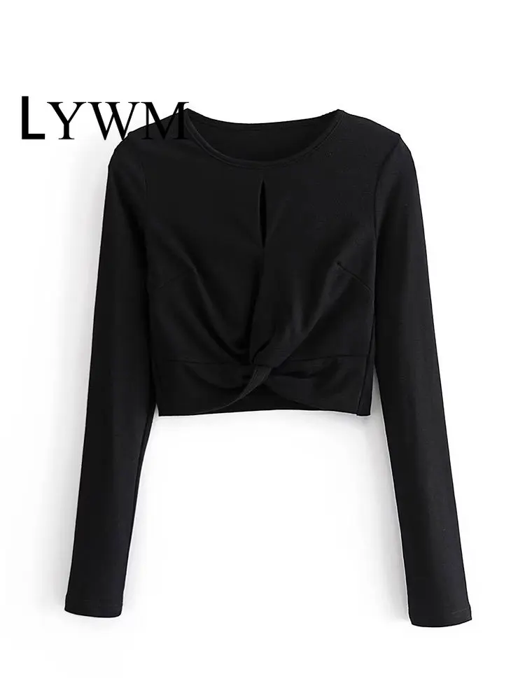 

LYWM Women Fashion Black Hollow Out Cropped Shirts Vintage Whit Knot Long Sleeves O-Neck Female Chic Lady Blouses