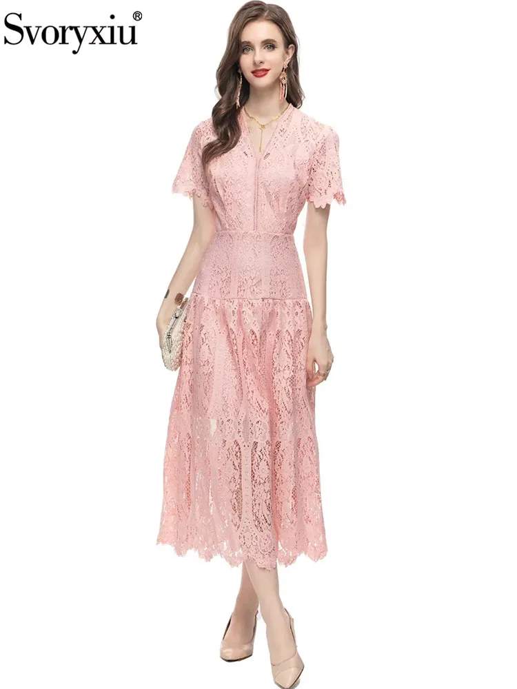 

Женское платье с вышивкой Svoryxiu, розовое длинное ажурное платье с V-образным вырезом, короткими рукавами и высокой талией на лето 2019