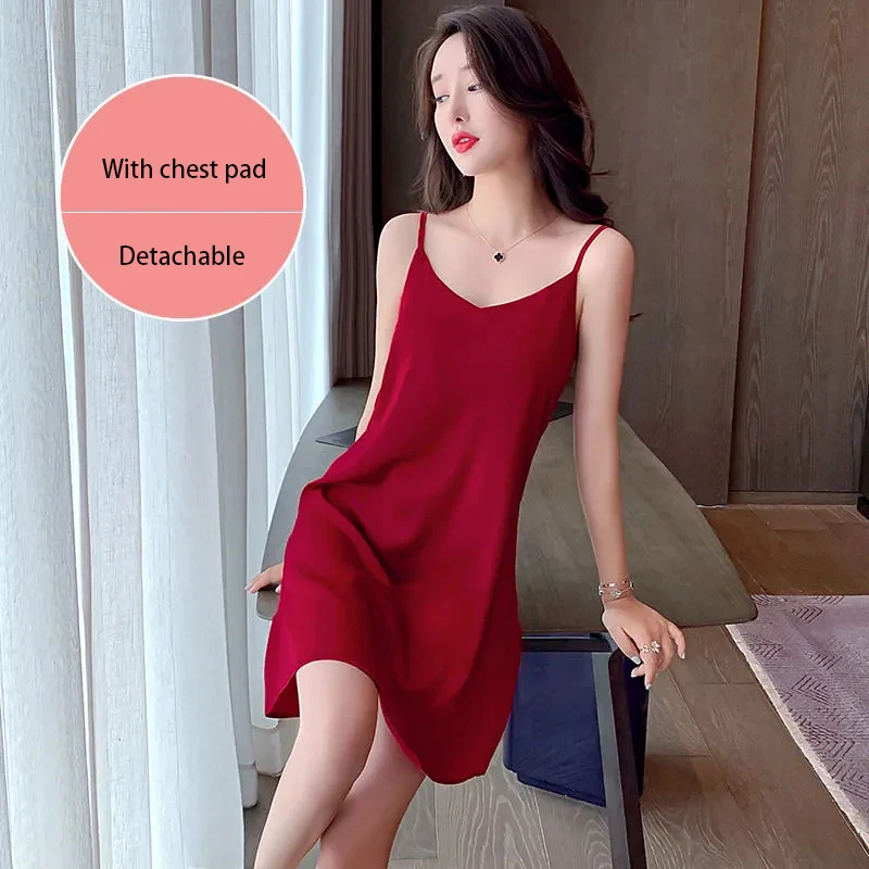 Small Suspender Nightdress Women'S Summer Thin Ice Ribbon Chest Pad Silk Sexy Hot Red Korean Version Vest Pajamas Dress