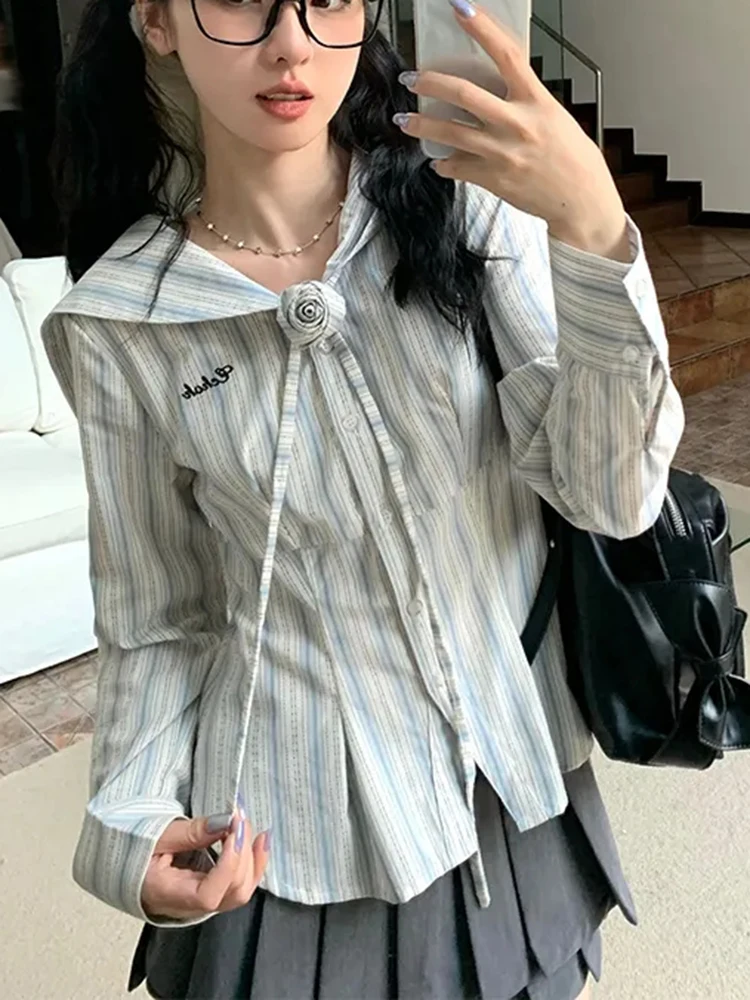Zoki полосатые рубашки с матросским воротником женские корейские тонкие блузки