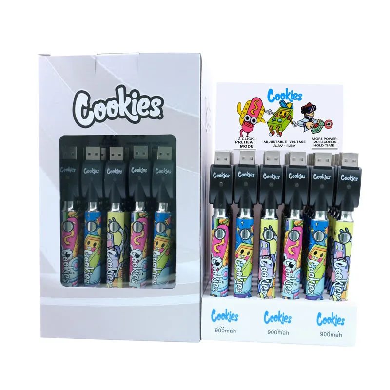 Cartoon Cookies Preheat VV Bottom Voltage Adjustable Battery 900mAh Usb Charger Vape Pen For 510 Cartridges 30Pcs A Display Box