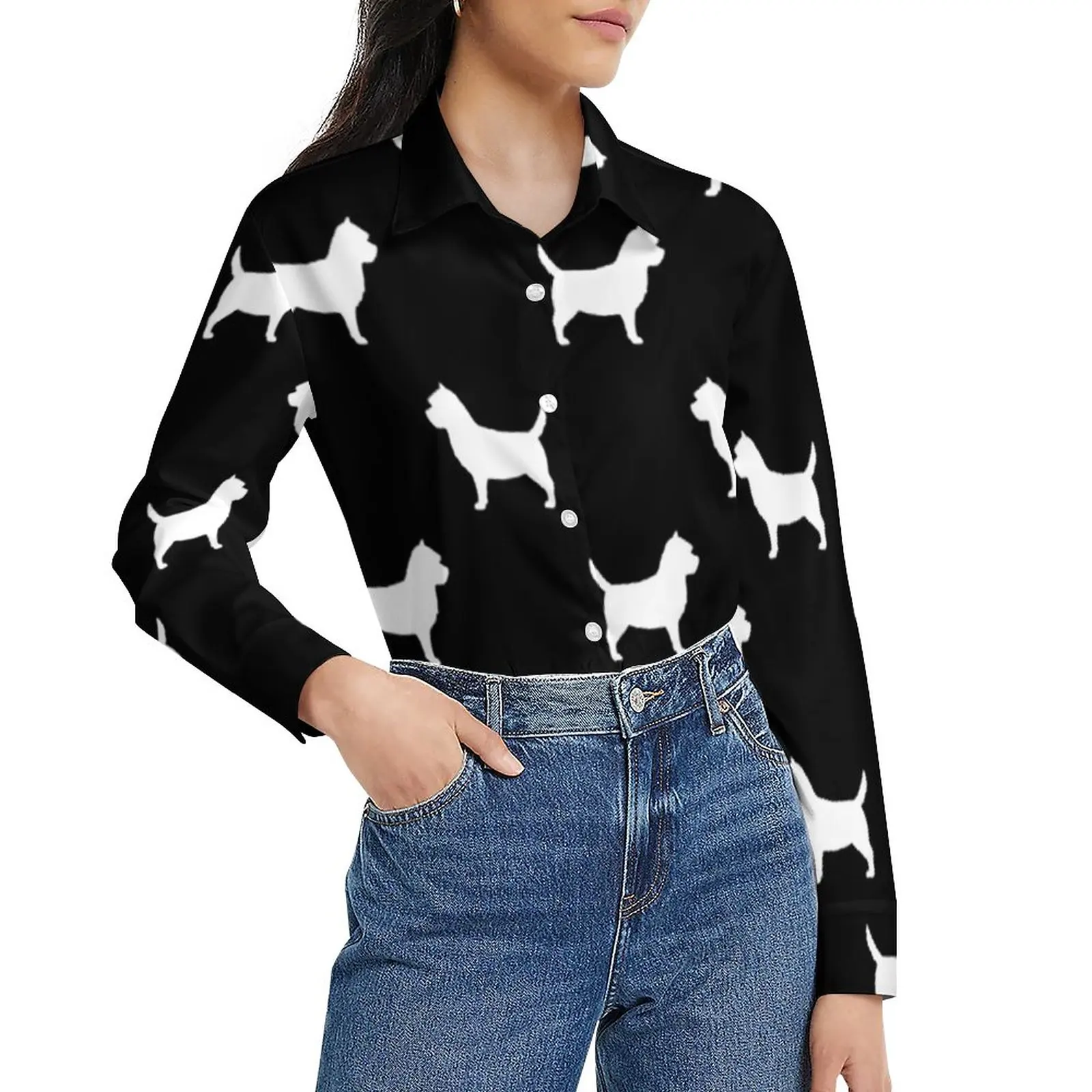 

Animal Silhouette Blouse Dogs Print Cute Design Blouses Woman Long Sleeve Street Wear Shirt Spring Oversized Top