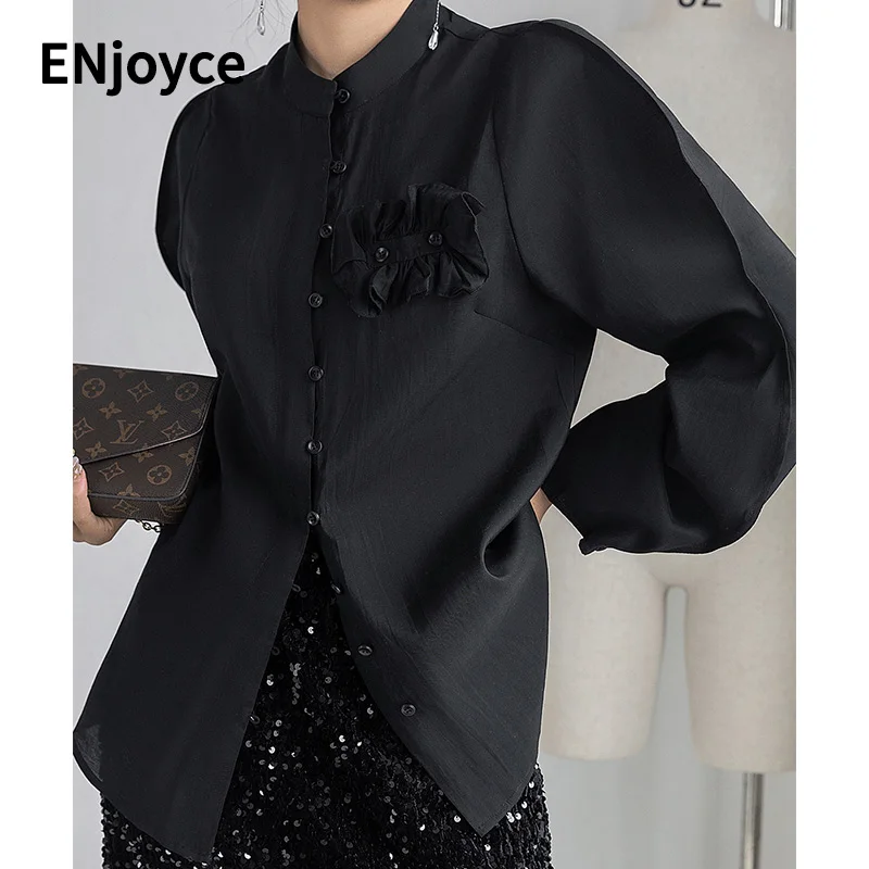 

Женская винтажная рубашка, черная Роскошная рубашка с воротником-стойкой, женские модные рубашки для шоу, шикарные текстурные блузки с большим цветочным украшением