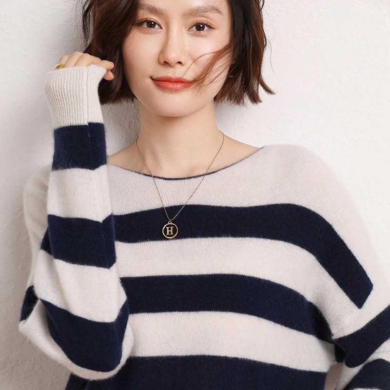 

Autumn and Winter New Women's Loose Wide Stripe Cashmere Sweater Korean Pullover Sweater Knitting Base Sweater
