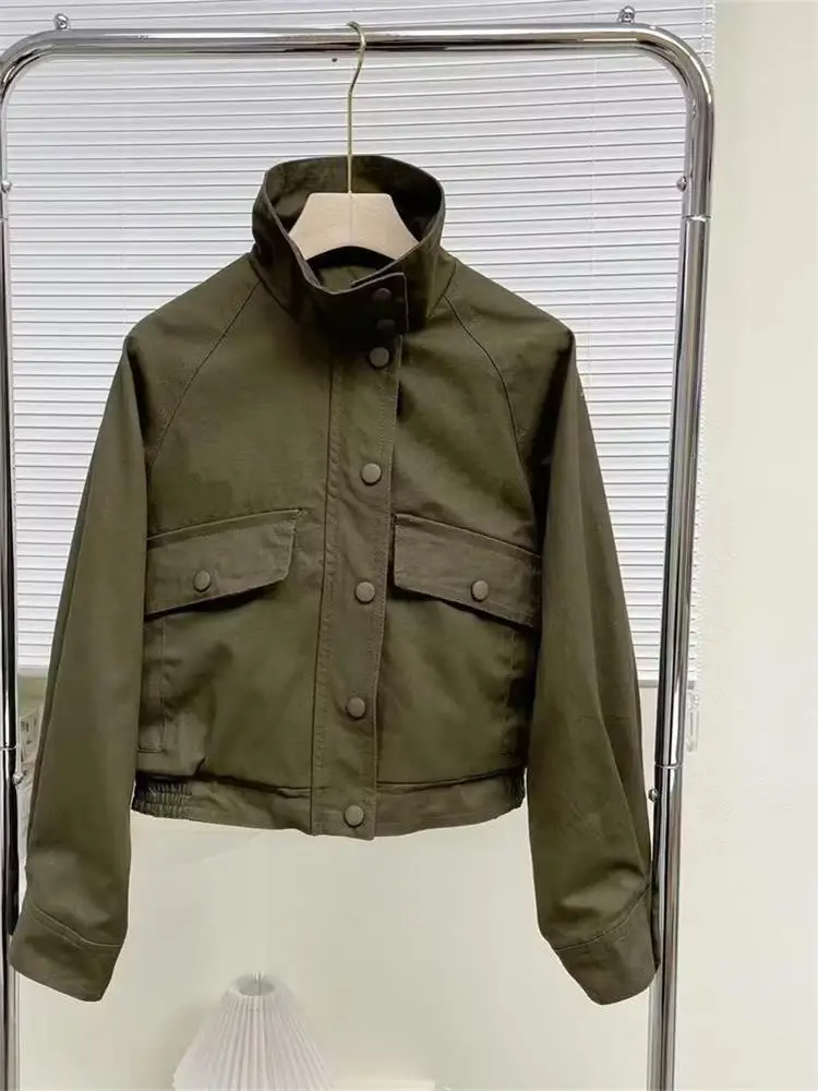 

ZXQJ Женская коллекция 2023 года, модная короткая куртка-бомбер с карманами, винтажная женская верхняя одежда с длинными рукавами и воротником-стойкой, шикарный жилет, топы