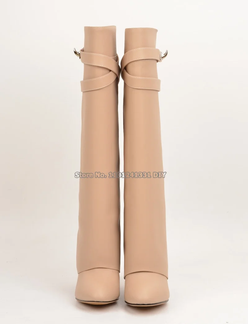 Real Leather Shark Lock Fold Overlay Knee High Wedge Heeled Boots Women Padlock Wedged High Heel Pointed Toe Boot Mujer