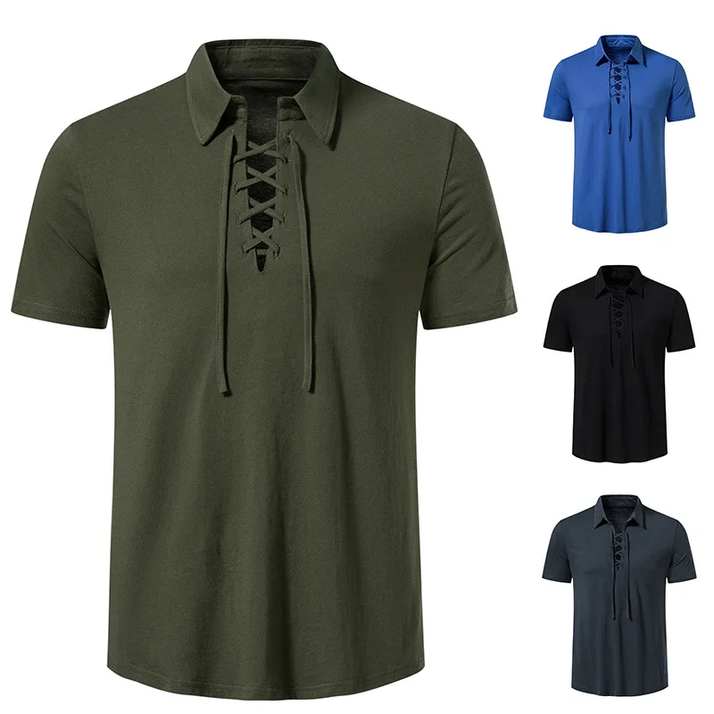 

New Men's Henry Collar Drawstring Casual Beach Short Sleeve T-Shirt Casual Sports Top Men Clothing