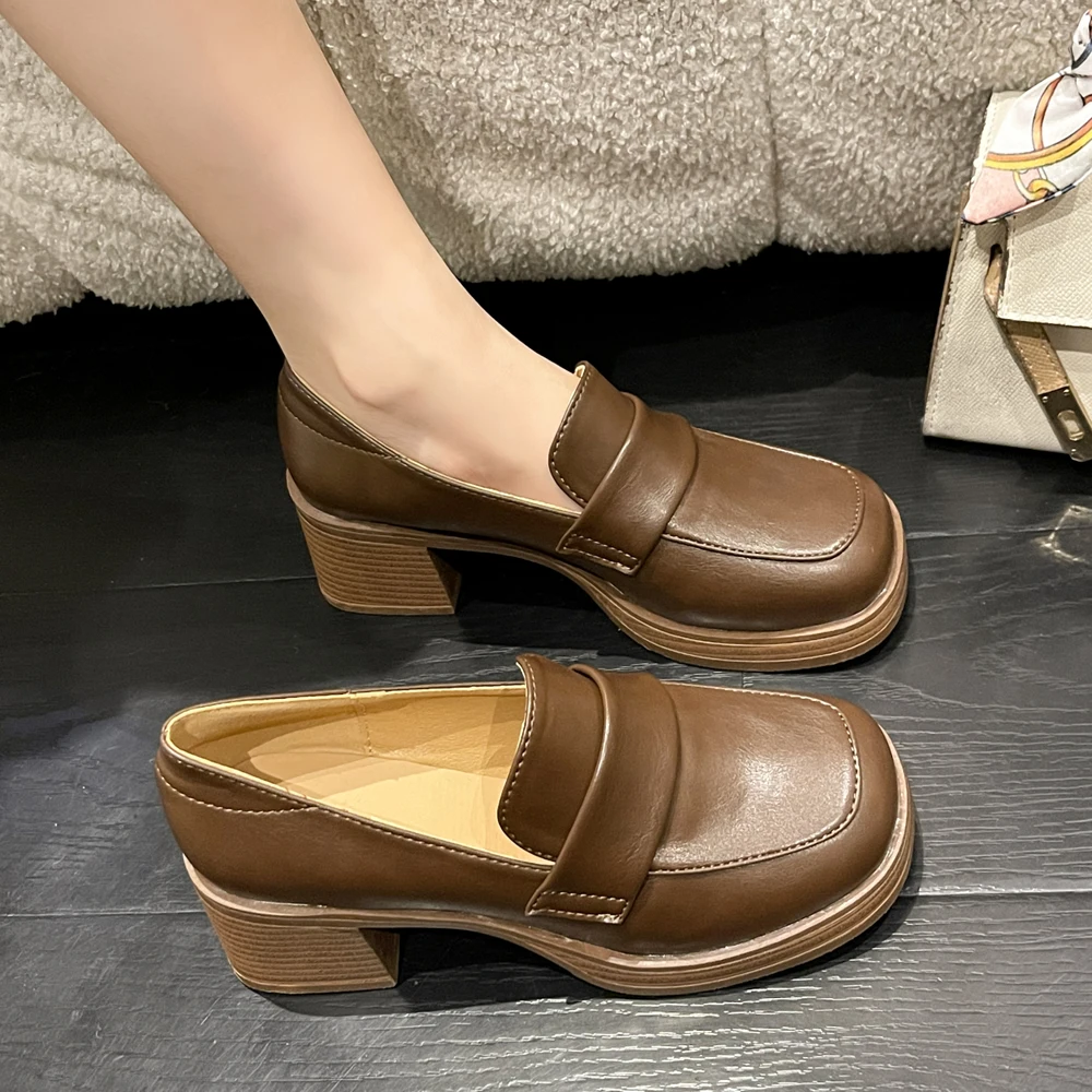 Loafers women's British style 2023 spring thick heel everything vintage Mary Jane leather shoes women's high heel single shoes