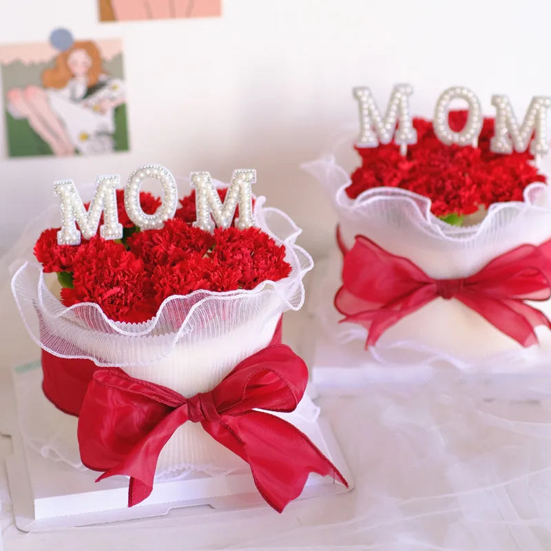 

New MOM Cake Topper Sweet Style Cake Decoration Mother's Day Mom Birthday Flowers Pearl Cake Toppers