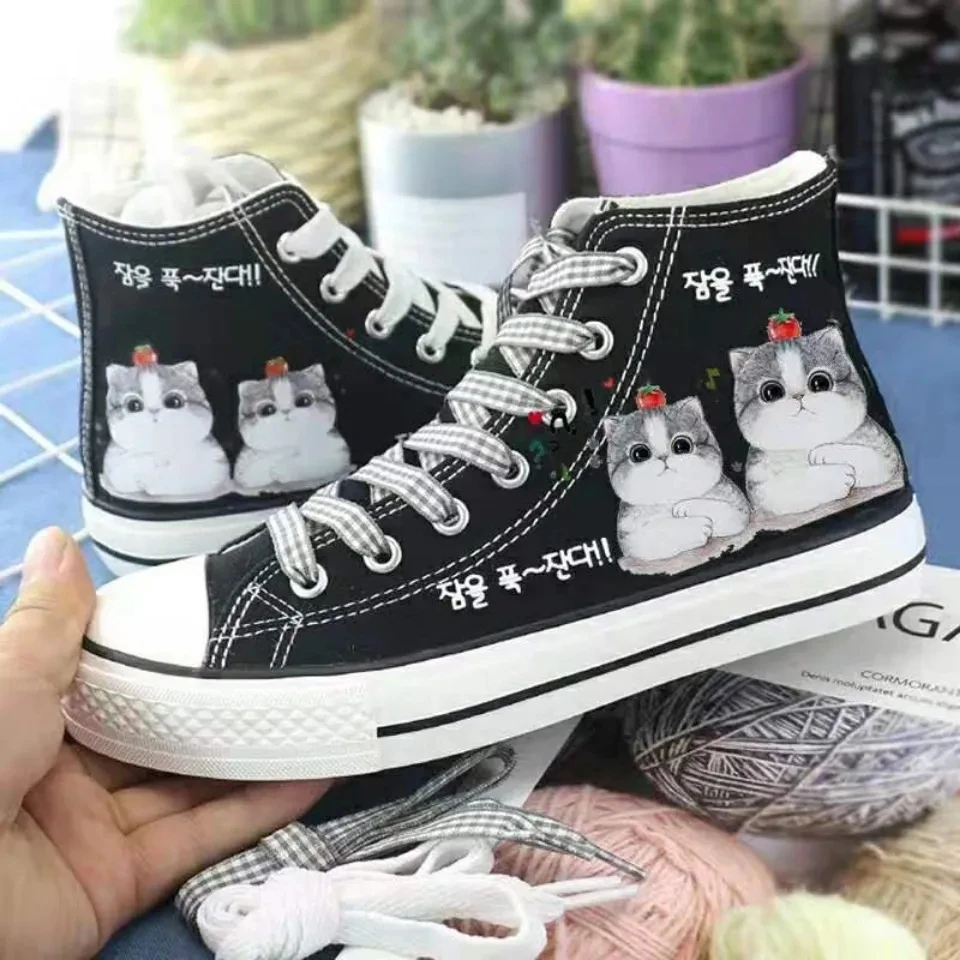 White Black Canvas Sneakers 2023 Fashion Korea Style Cartoon Cute Cat  Female Sneakers Casual Students Daily Wear Women Footwear