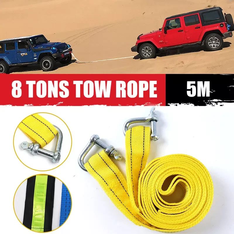 Towing Rope 5M 8Tons Tow Strap Noctilucent U-hook High Strength Thickened Nylon for Heavy Duty Car Emergency Accessories