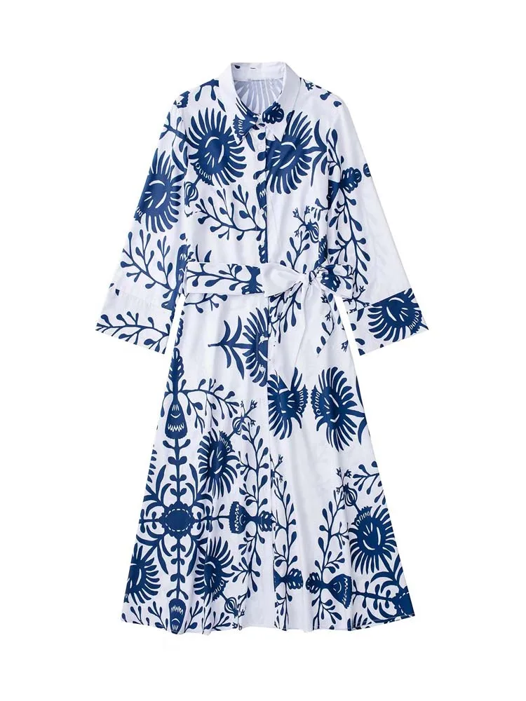 

Женское винтажное платье с цветочным принтом, элегантное платье-рубашка с длинным рукавом и поясом-бантом, лето 2022