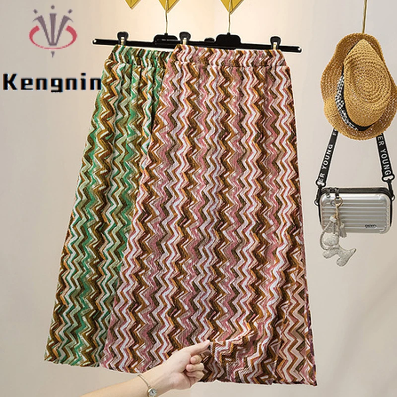 

New 2022 Summer Loose Plus Size 4XL Women's Skirts Print Pleated Chiffon Skirt Elastic Waist A-Line Female Bottom Skirt KE2789