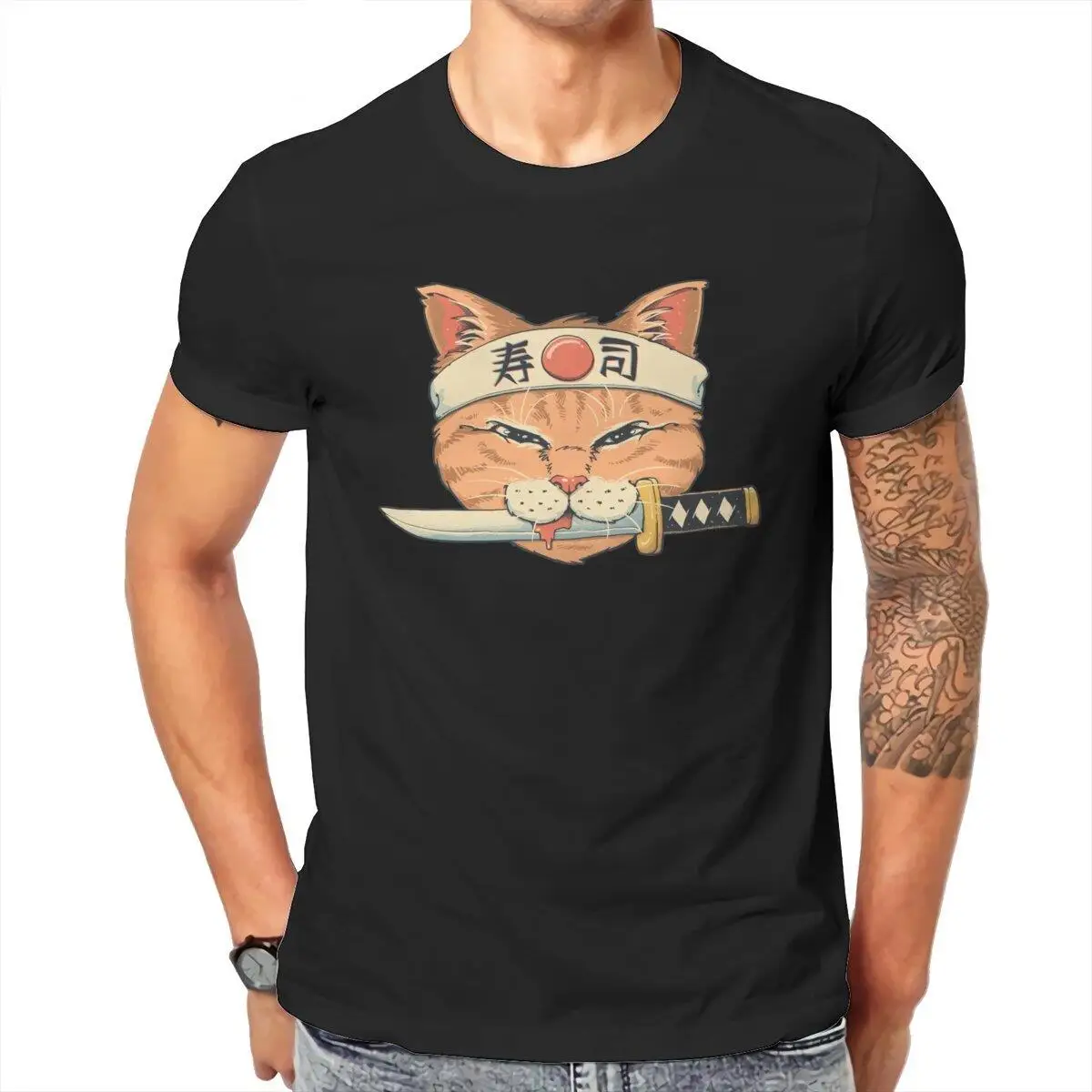 Creative Neko Catana  T-Shirts for Men Round Collar Cotton T Shirt Japanese Genki Cat Short Sleeve Tees Plus Size Tops