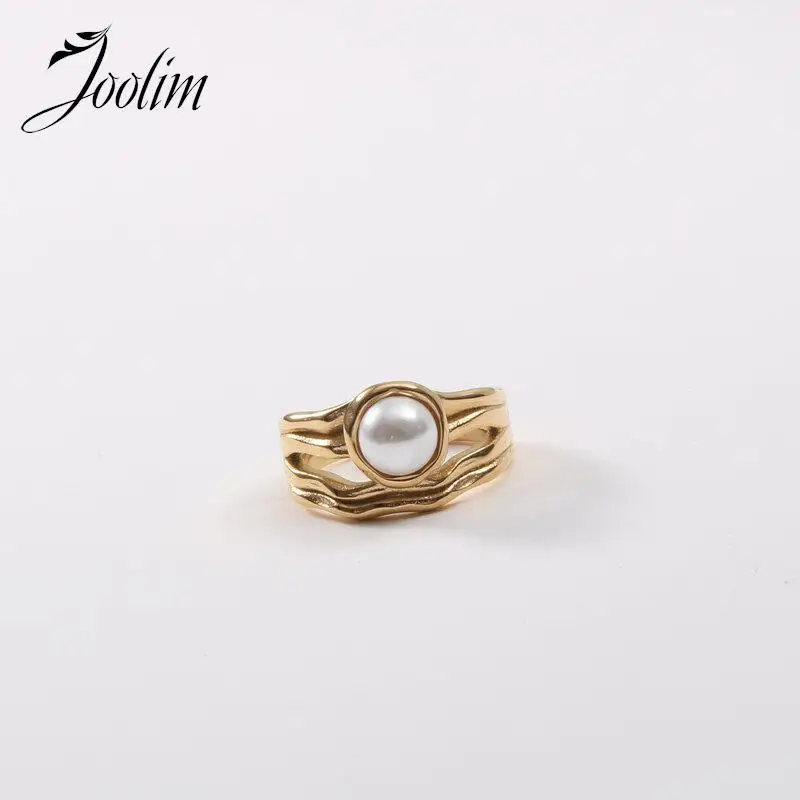 

Joolim Jewelry Wholesale High End PVD Tarnish Free Retro Elegant Artistic Irregular Pearl Stainless Steel Rings For Women