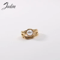 joolim high end gold finish tarnish free trendy artistic irregular inlaid pearl rings stainless steel jewelry wholesale