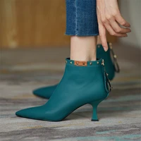 2022 blue fashion pointed toe thin high heels women ankle boots top quality genuine leather sexy elegant party prom shoes