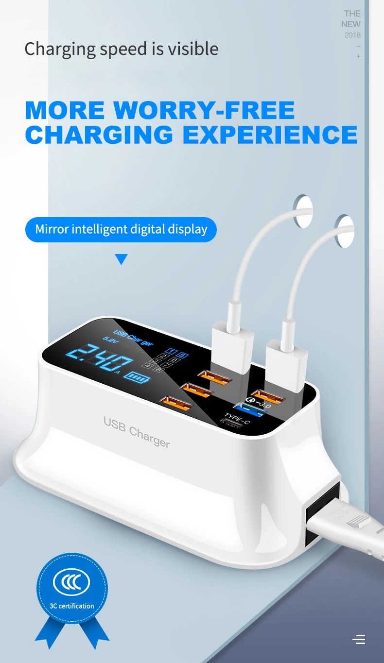 

40W 8Ports PD QC3.0 Type C Smart USB Charger Phone Holder Wall Adapter Fast Charge Socket Station Hub for Iphone Samsung Huawei