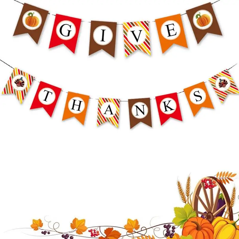 Thanksgiving Banner Give Thanks Hanging Bunting Banner Flag Harvest Party Supplies Fall Autumn Ornaments Thanksgiving Decors
