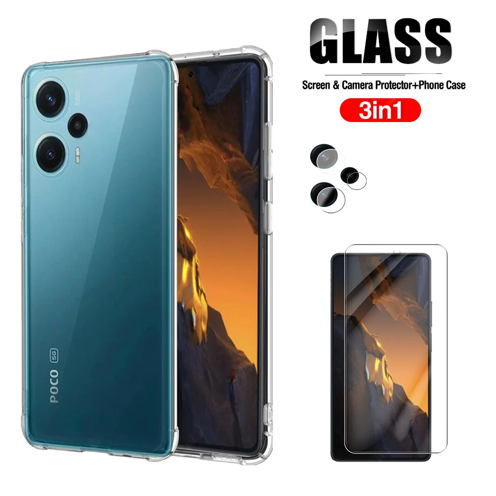 

3in1 transparent silicon shockproof phone case for Xiaomi Poco F5 Pro tempered glass PocoF5 F 5 F5Pro lens protection film cover