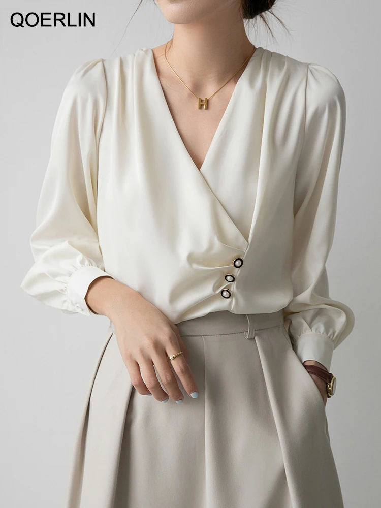

QOERLIN 2023 летние весенние женские рубашки с открытыми плечами высококачественные простые Стильные топы с V-образным вырезом офисная блузка элегантная рабочая одежда модные рубашки с перекрестными плечами