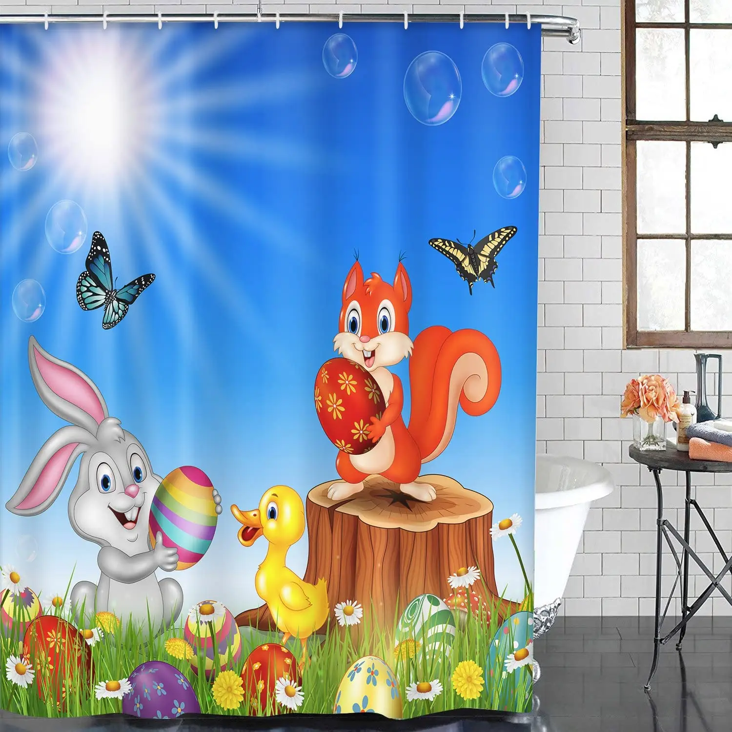 

Happy Easter Easter Shower Curtain Colorful Cute Butterfly Duck Eggs Rabbit Bath Curtains Bathroom Waterproof with Hooks Decor