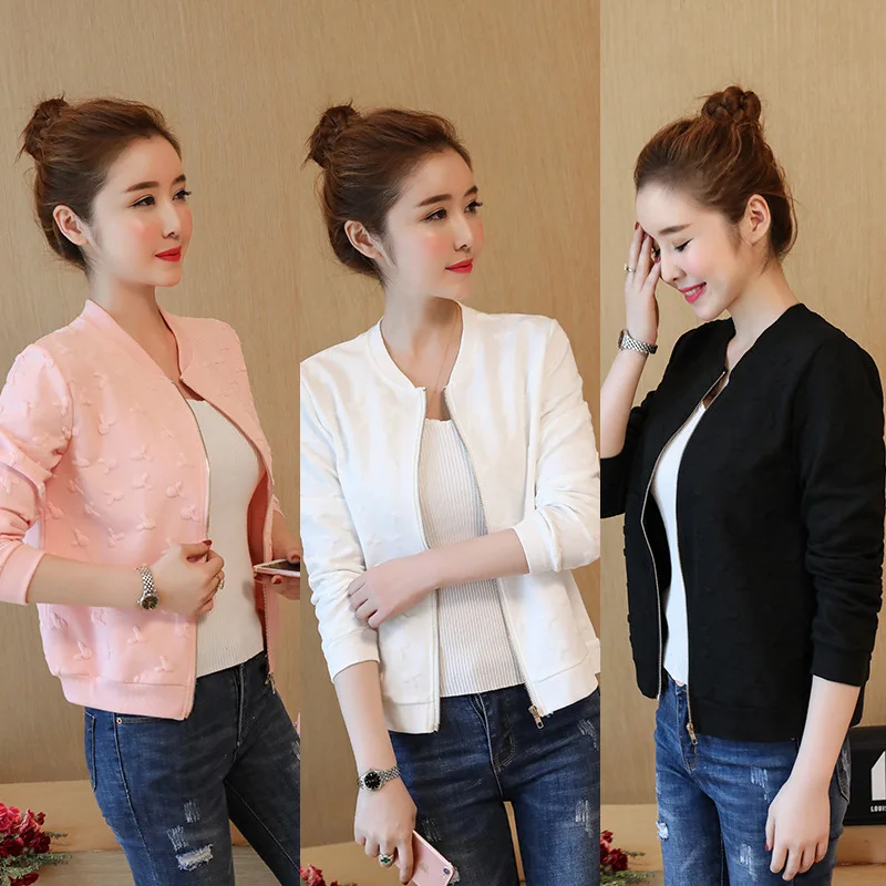 

2022 Women's Spring New Solid Color Short Jacket Korean Style Jacquard Sweater Small Jacket Baseball Uniform Women Jacket