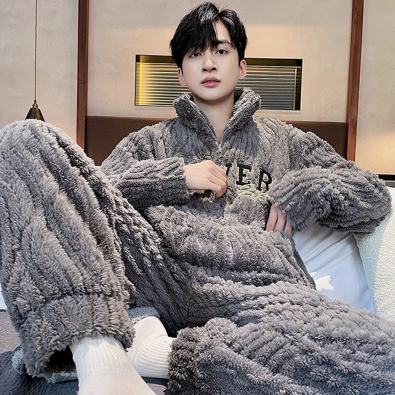 QUHENG Winter Man Collar Pajamas Set Warm Flannel Home Clothes Coral Fleece Sleepwear Thick Warm Nightwear Large Size Pyjama
