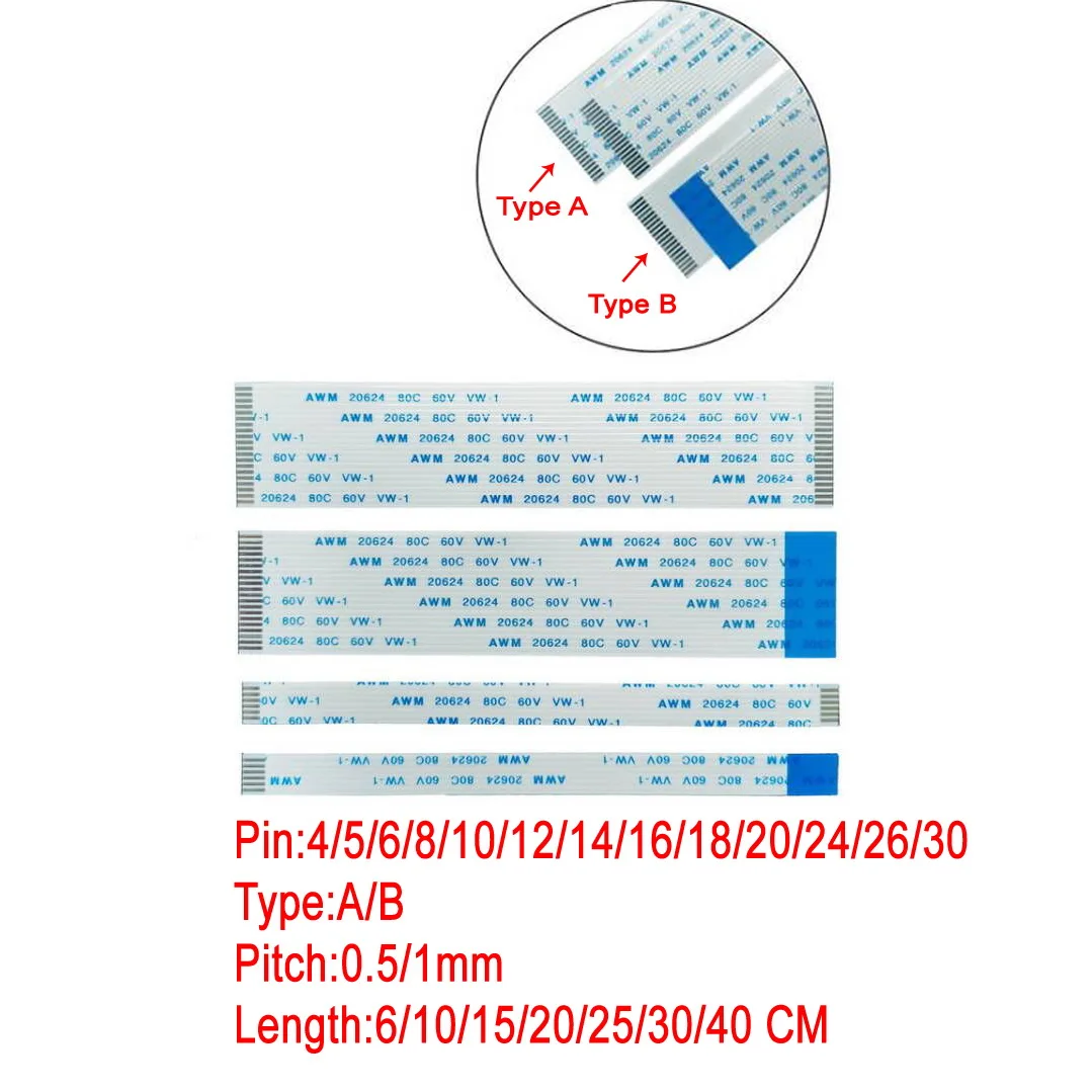 

10 шт. 4P 5 6 7 8 9 10 12 14 16Pin 1 мм Шаг FFC FPC AWM 20624 80C 60V VW-1 A B Тип плоский гибкий кабель 50-1000 мм