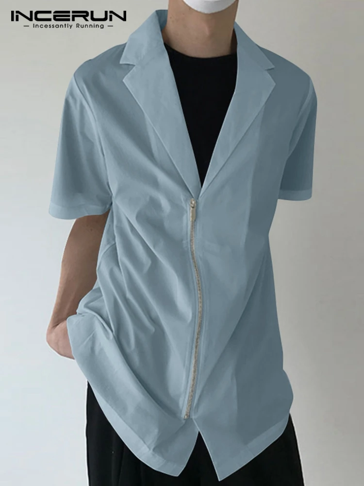 

INCERUN Fashion Men Casual Shirt Solid Color Zipper Lapel Short Sleeve Korean Men Clothing 2022 Streetwear Leisure Tops S-5XL