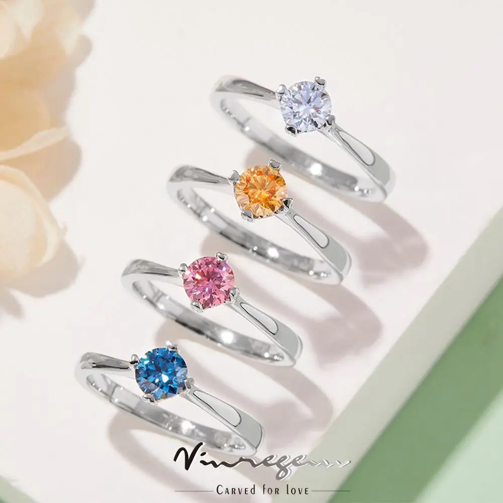 

Vinregem 925 Sterling Silver White Gold 5MM Colorful Moissanite Pass Test Diamond Wedding Engagement Ring for Women Dropshipping