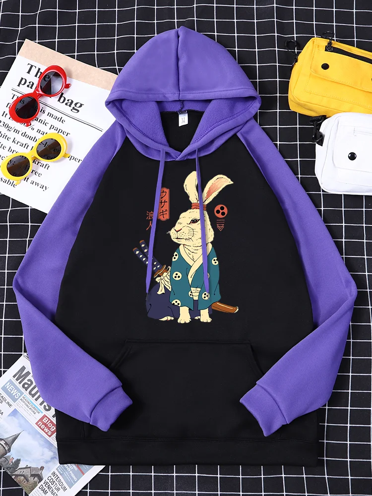 

Ronin Samurai Rabbit Cute Japanese Manga Print Woman Raglan Hoodie Autumn Fleece Pocket Tops Street Kawaii Clothes Womens Hoody