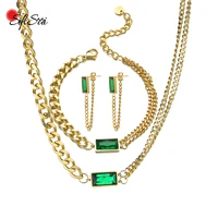 sifisrri green square zircon bracelet earring necklace for women stainless steel cuban chain unisex wrist jewelry sets gift