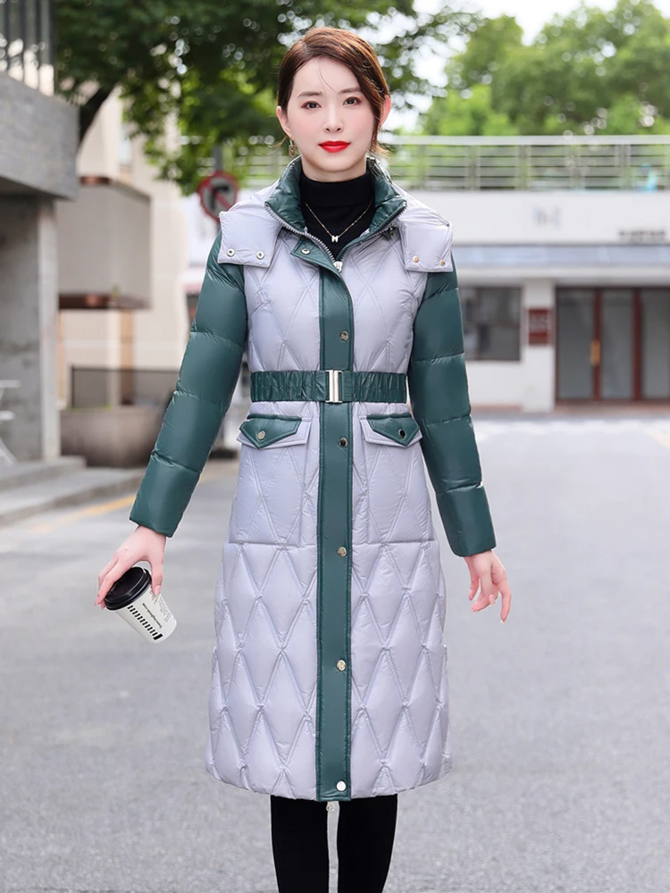 New Women Winter Down Coat Fashion Hooded Color Blocking Strecth Belt Long Thicken Slim White Duck Down Jacket Female Outerwear