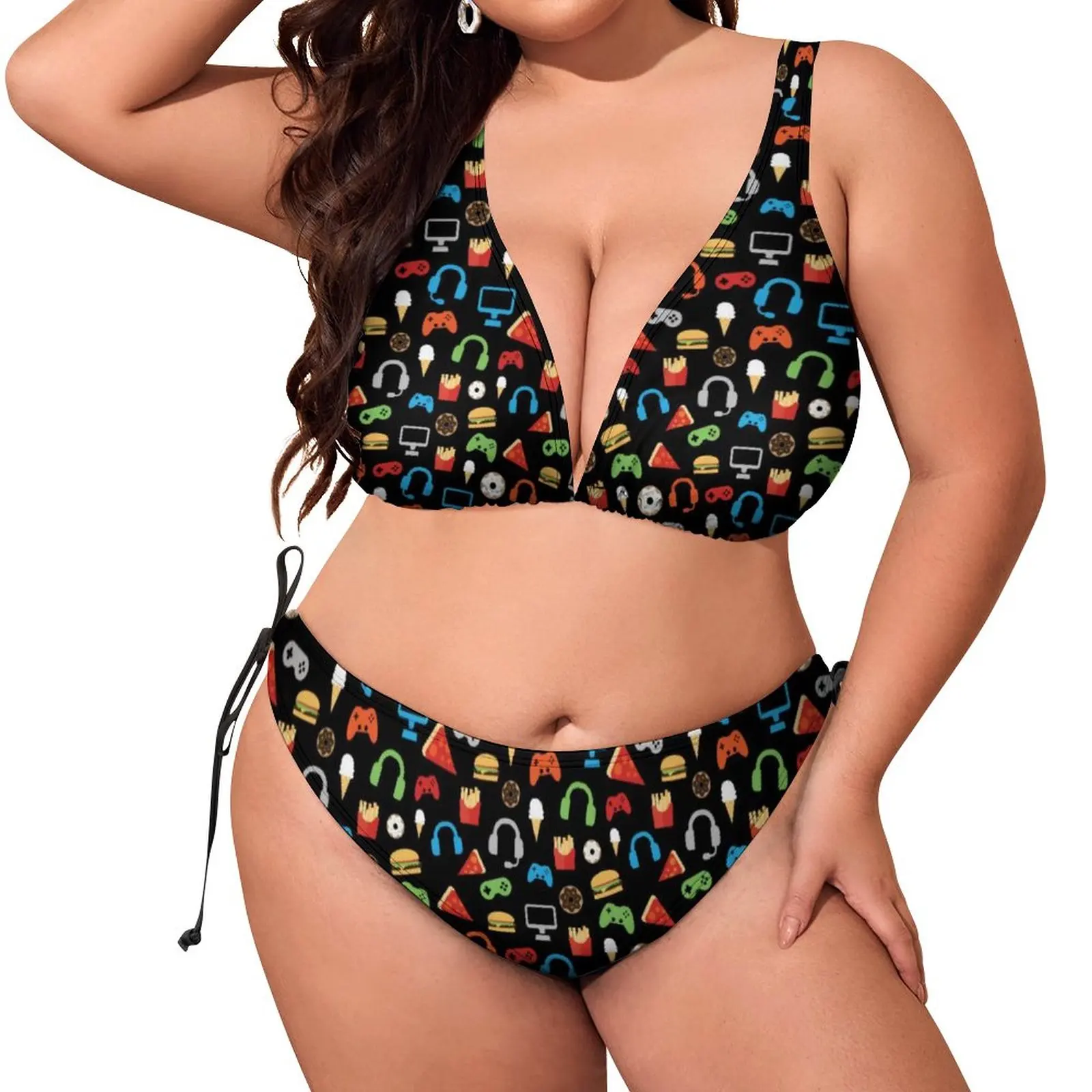 

Cartoon Doughnut Bikini Swimsuit Push Up Video Game Snacks Bikini Set Stylish Swimwear Women Print Swimsuits Beachwear Gift