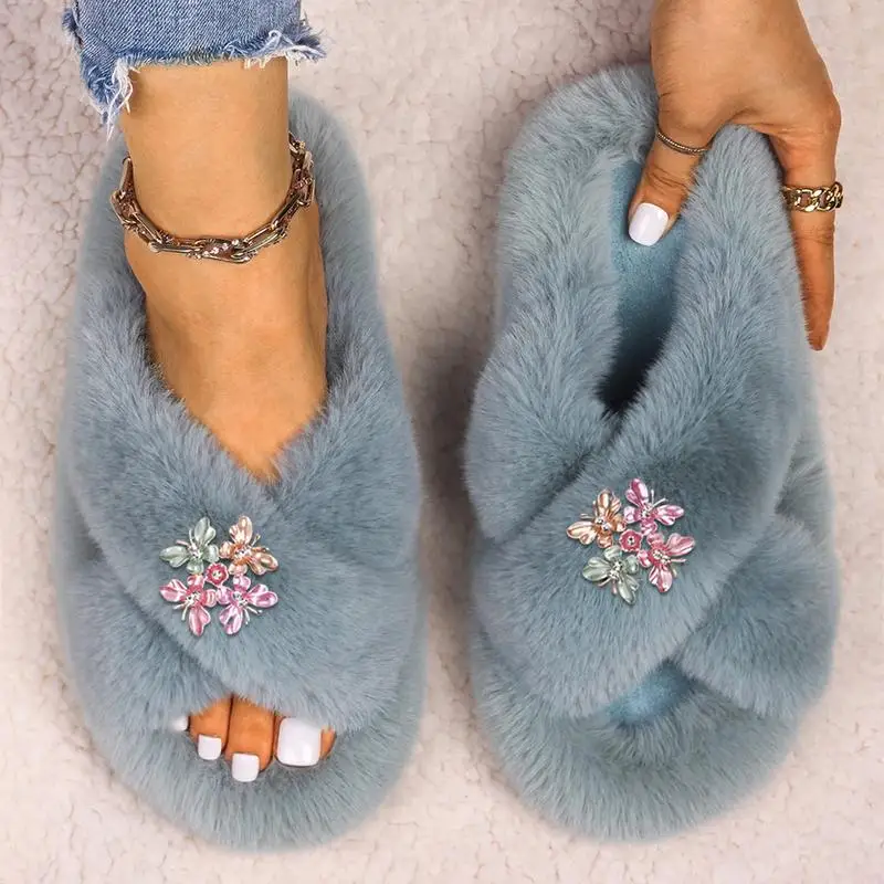 Winter Autumn Flip Flops Women Soft Comfortable Home Shoes Alloy Colorful Leaves Female Slippers Flats Faux Fur Furry Slides