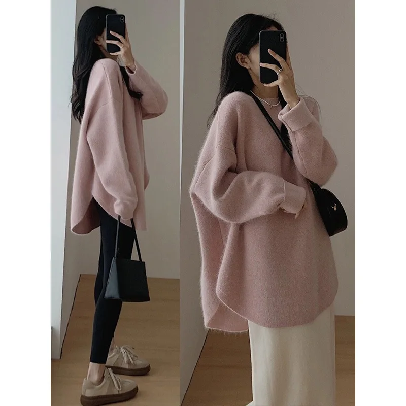 

Korean version of the languid pullover sweater women's new autumn and winter style outerwear mid-length knit top